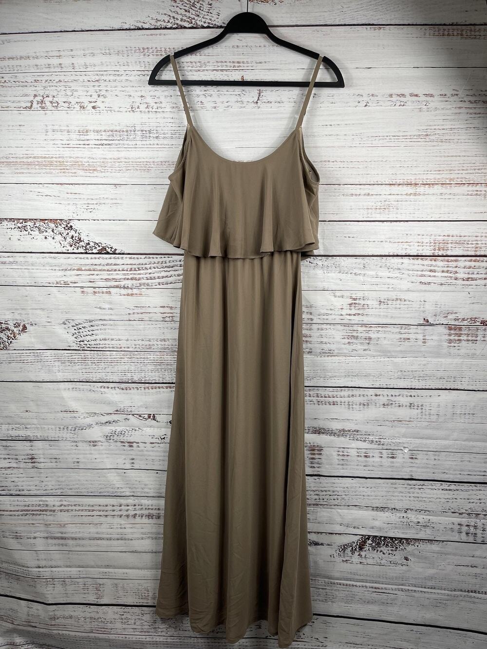 Show Me Your Mumu Dress Women's SZ XS Taupe Maxi Ruffle Overlay Spaghetti Strap